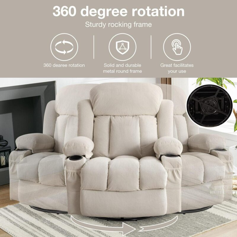 Mondawe Massage and Lumbar Heat Recliner Beige Velvet Upholstered Swivel Massage chair with Lift Assistance - Image 3