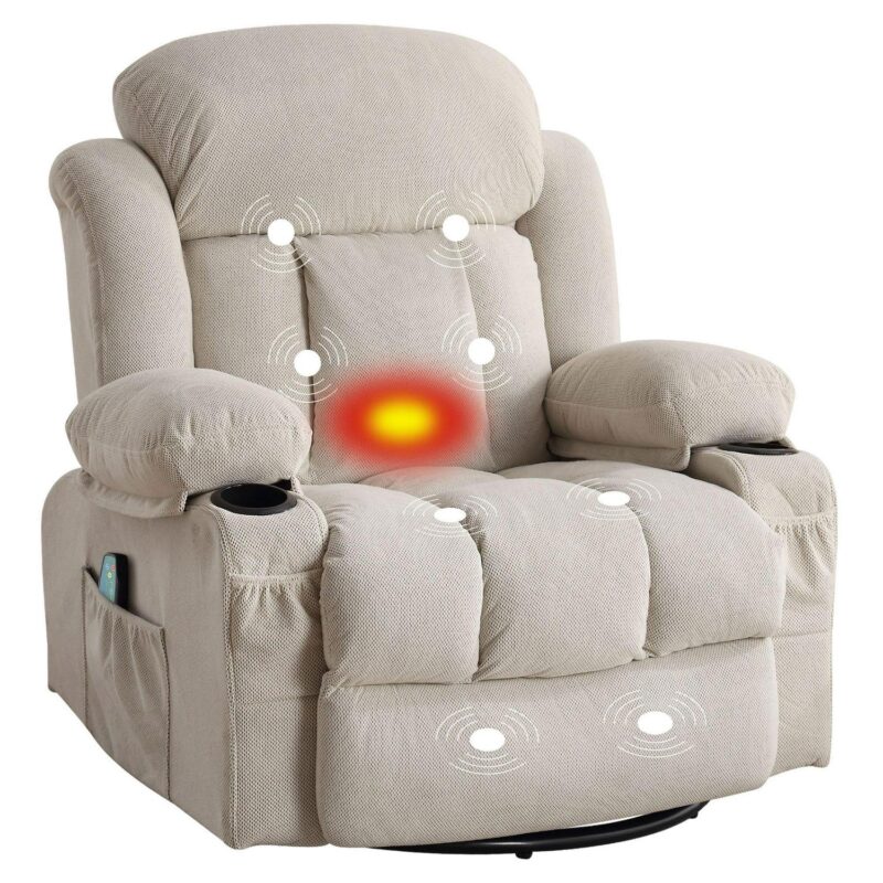Mondawe Massage and Lumbar Heat Recliner Beige Velvet Upholstered Swivel Massage chair with Lift Assistance - Image 8