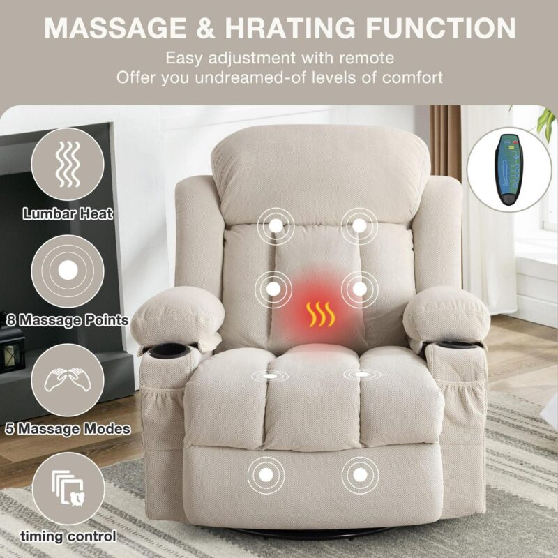 Mondawe Massage and Lumbar Heat Recliner Beige Velvet Upholstered Swivel Massage chair with Lift Assistance - Image 2