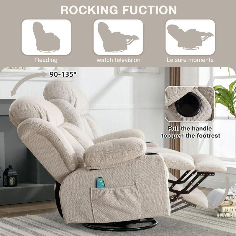 Mondawe Massage and Lumbar Heat Recliner Beige Velvet Upholstered Swivel Massage chair with Lift Assistance - Image 4