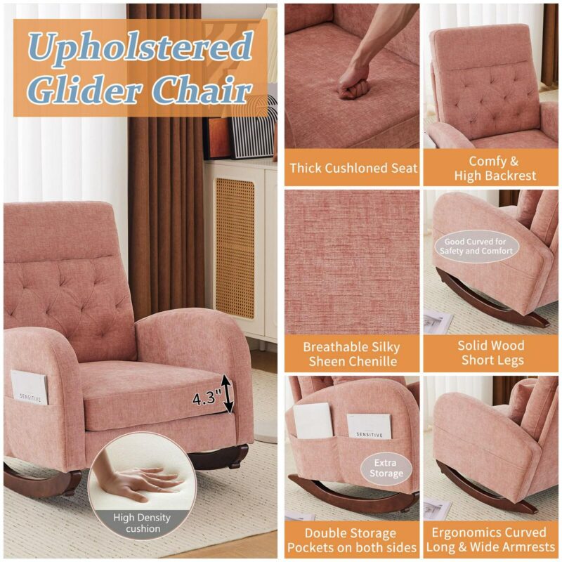 Outopee Casual Pink Chenille Rocking Chair - Image 4