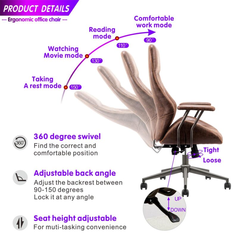 Ovios Krellack Dark Brown Contemporary Ergonomic Adjustable Height Swivel Faux Leather Desk Chair - Image 2