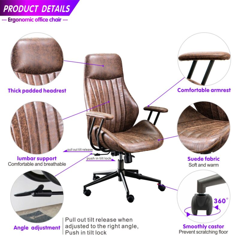 Ovios Krellack Dark Brown Contemporary Ergonomic Adjustable Height Swivel Faux Leather Desk Chair - Image 3