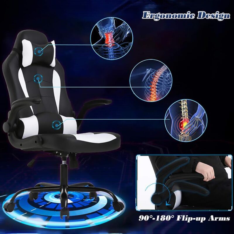 ProHT Black and White Contemporary Ergonomic Adjustable Height Swivel Faux Leather Gaming Chair - Image 2