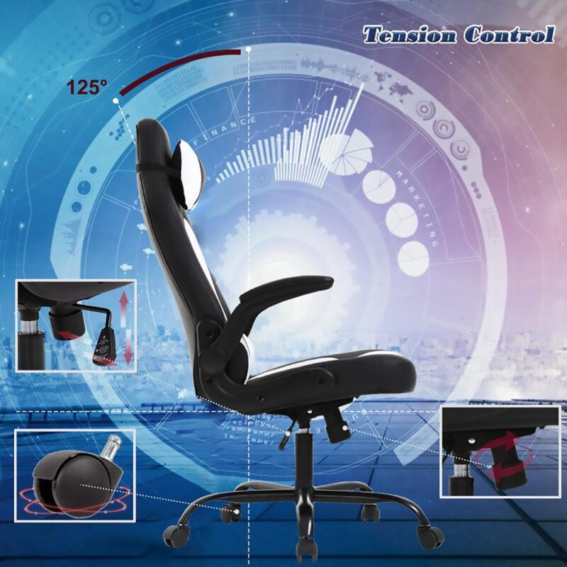 ProHT Black and White Contemporary Ergonomic Adjustable Height Swivel Faux Leather Gaming Chair - Image 4