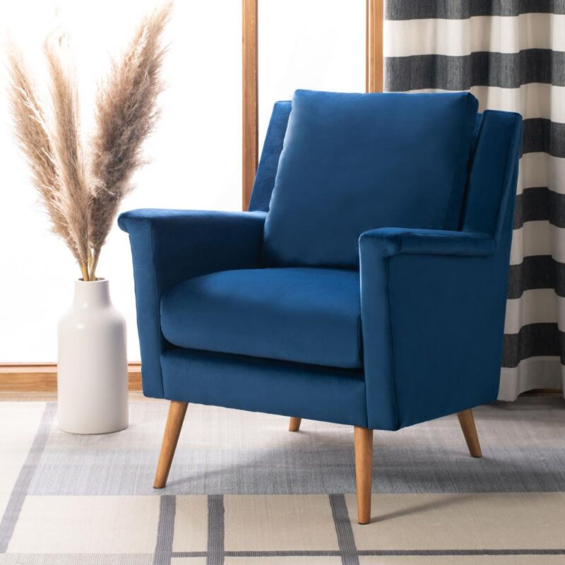 Safavieh Astrid Modern Navy Velvet/Natural Velvet Accent Chair - Image 2