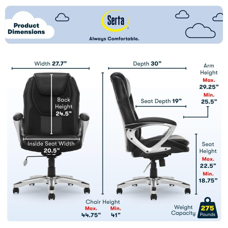 Serta Amplify Black Bonded Leather Contemporary Ergonomic Adjustable Height Swivel Faux Leather Executive Chair - Image 3