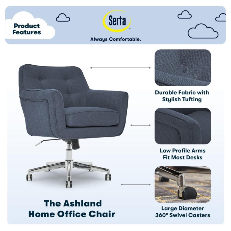 Serta Ashland Blue Woven Fabric Contemporary Ergonomic Adjustable Height Swivel Fabric Task Chair - Image 4