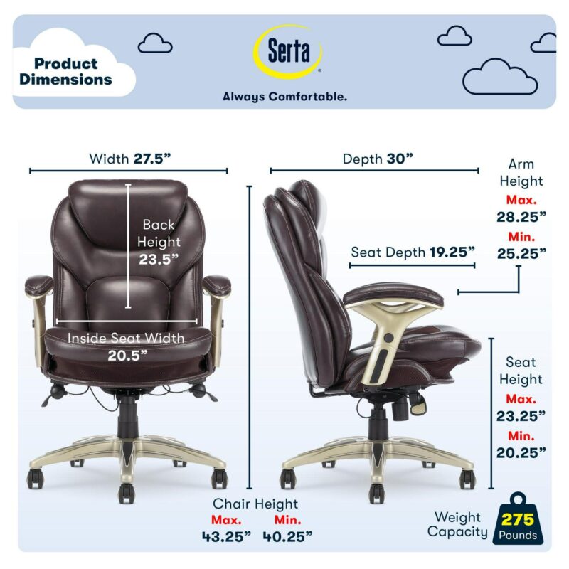 Serta Claremont Brown Bonded Leather Traditional Ergonomic Adjustable Height Swivel Faux Leather Executive Chair - Image 3