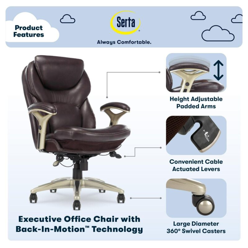Serta Claremont Brown Bonded Leather Traditional Ergonomic Adjustable Height Swivel Faux Leather Executive Chair - Image 4