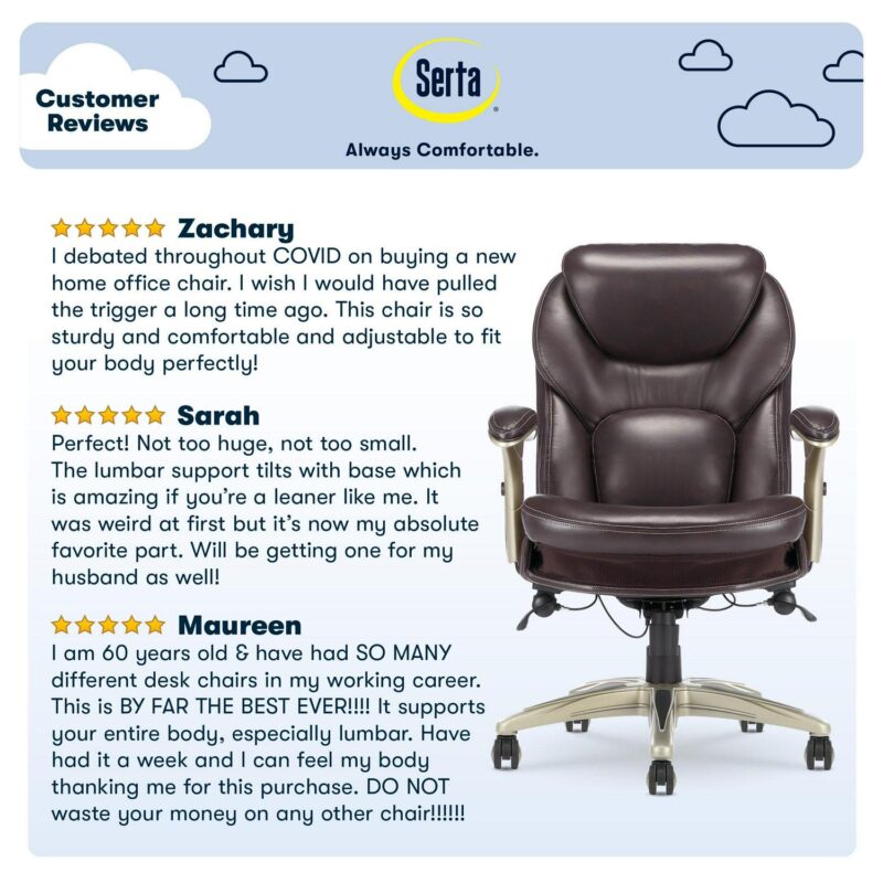 Serta Claremont Brown Bonded Leather Traditional Ergonomic Adjustable Height Swivel Faux Leather Executive Chair - Image 12