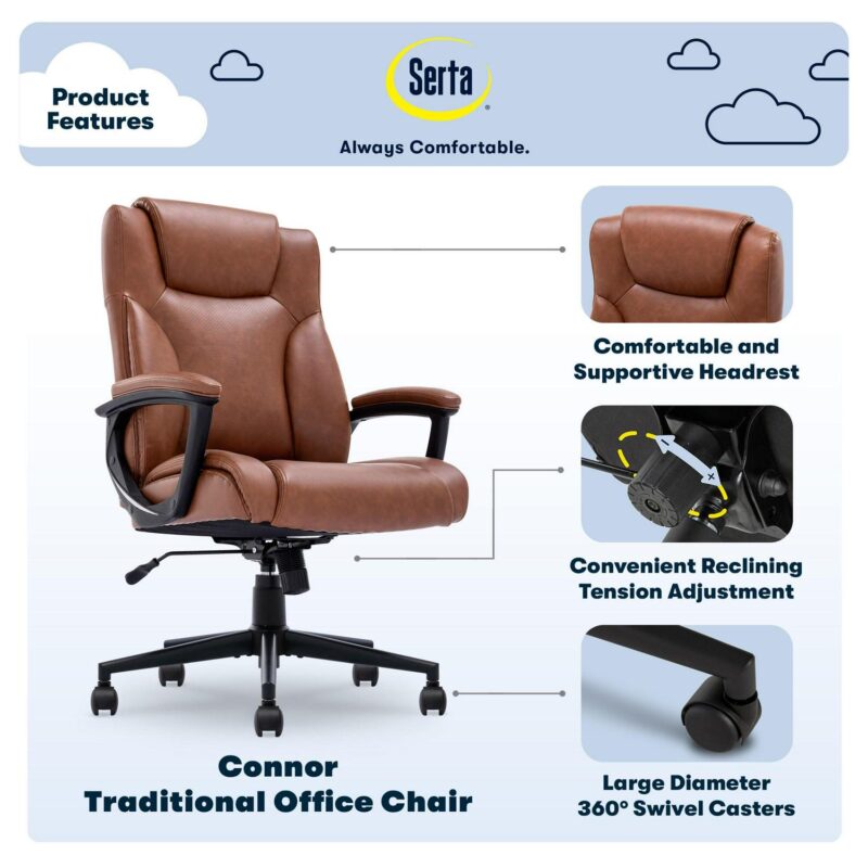 Serta Connor Cognac Bonded Leather Contemporary Ergonomic Adjustable Height Swivel Faux Leather Executive Chair - Image 4