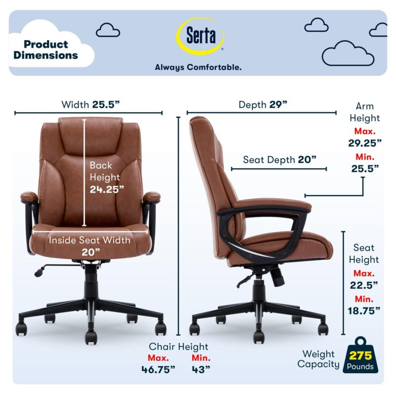 Serta Connor Cognac Bonded Leather Contemporary Ergonomic Adjustable Height Swivel Faux Leather Executive Chair - Image 3