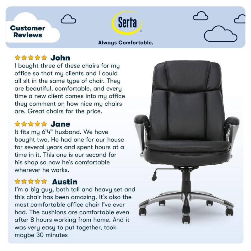 Serta Fairbanks Black Bonded Leather Traditional Ergonomic Adjustable Height Swivel Faux Leather Executive Chair - Image 12