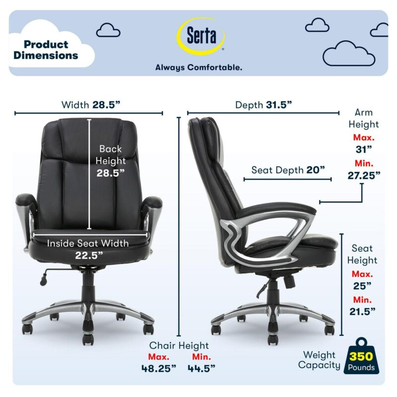 Serta Fairbanks Black Bonded Leather Traditional Ergonomic Adjustable Height Swivel Faux Leather Executive Chair - Image 3