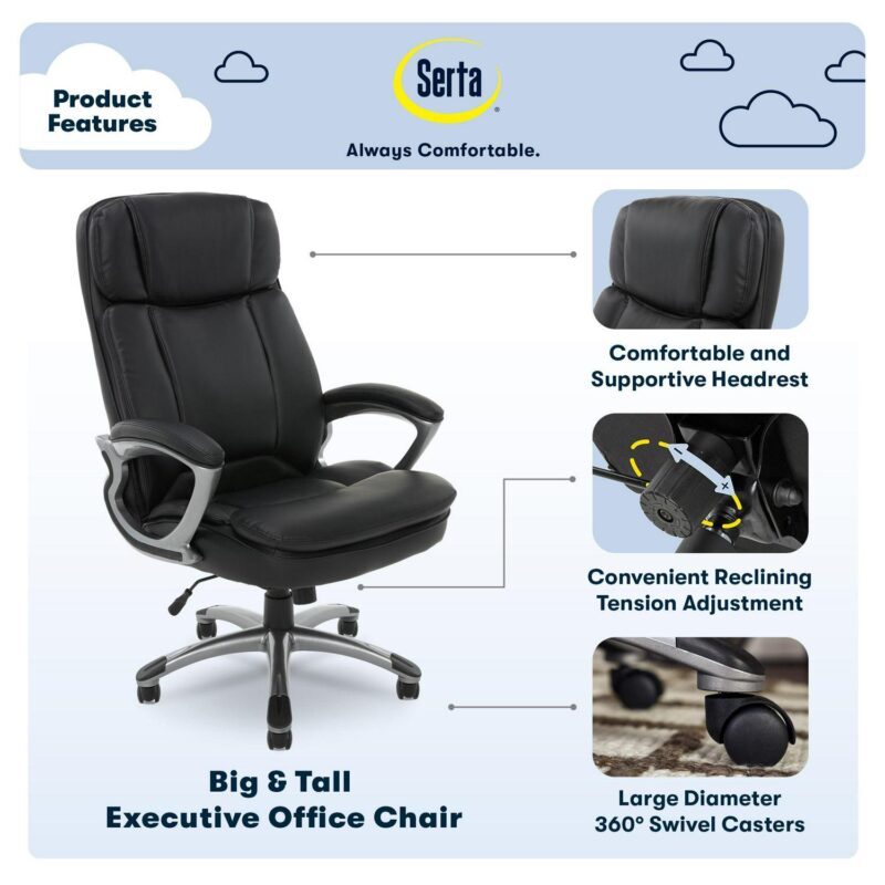 Serta Fairbanks Black Bonded Leather Traditional Ergonomic Adjustable Height Swivel Faux Leather Executive Chair - Image 4