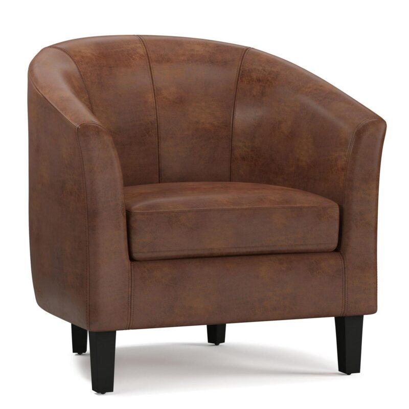 Simpli Home Austin Modern Distressed Saddle Brown Faux leather Barrel Chair