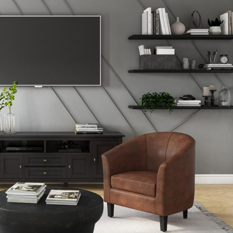 Simpli Home Austin Modern Distressed Saddle Brown Faux leather Barrel Chair - Image 10