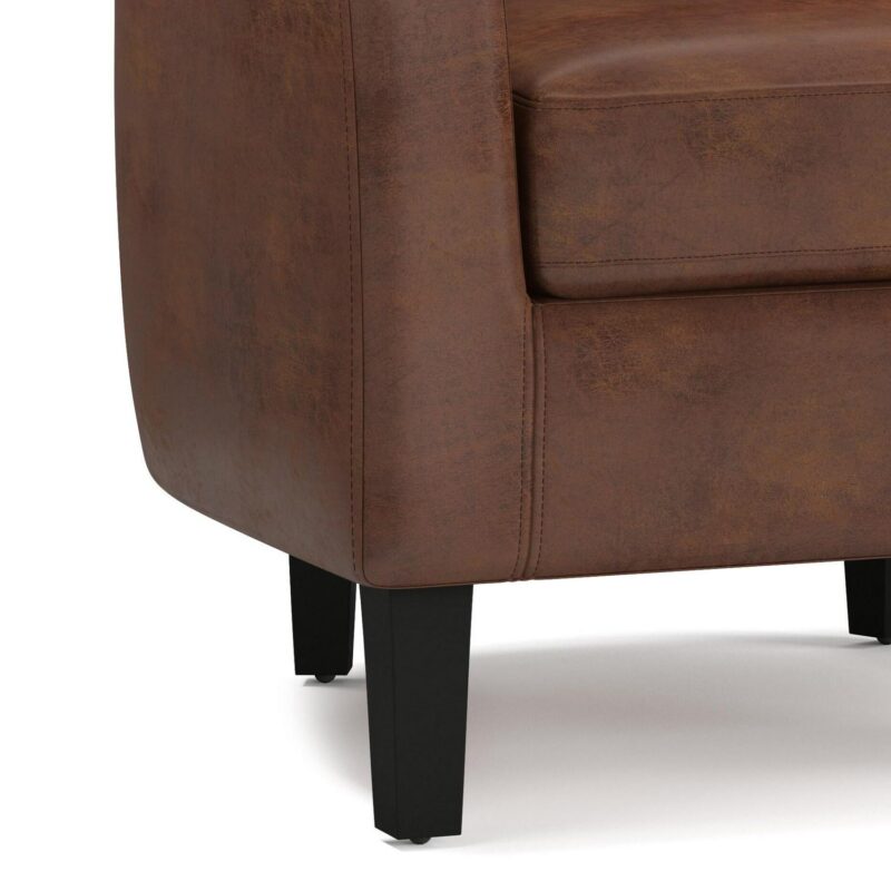 Simpli Home Austin Modern Distressed Saddle Brown Faux leather Barrel Chair - Image 4
