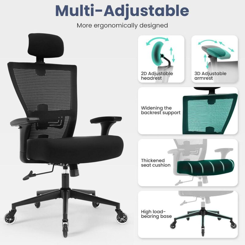 Sumyeg Big and Tall Office Chair Black Contemporary Ergonomic Adjustable Height Swivel Mesh Desk Chair - Image 5