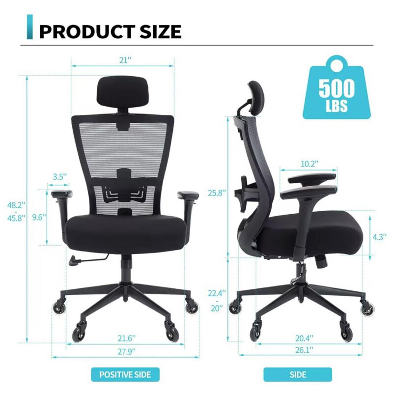 Sumyeg Big and Tall Office Chair Black Contemporary Ergonomic Adjustable Height Swivel Mesh Desk Chair - Image 4
