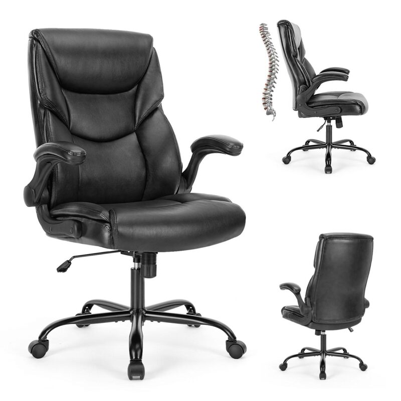 Sumyeg Ergonomic Home Office Chair Black Contemporary Ergonomic Adjustable Height Swivel Faux Leather Desk Chair