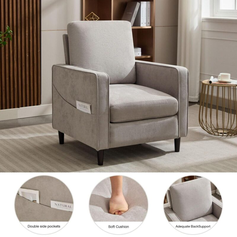 Sumyeg Modern Linen Fabric Armchair Modern Light Gray Linen Accent Chair - Image 6