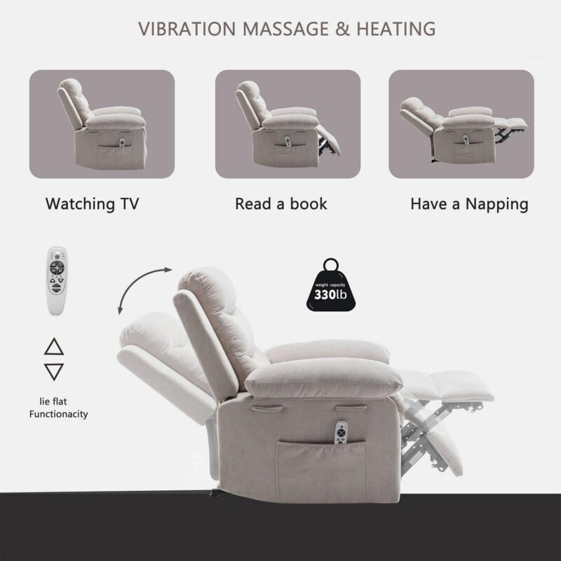 Sumyeg Power Recliner Chair with Adjustable Massage Function Beige Velvet Upholstered Powered Reclining Massage chair - Image 6