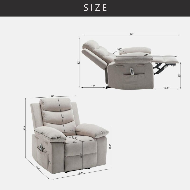 Sumyeg Power Recliner Chair with Adjustable Massage Function Beige Velvet Upholstered Powered Reclining Massage chair - Image 4