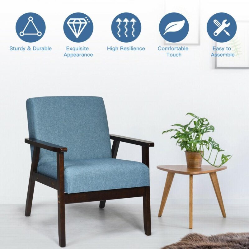 Sumyeg Solid Rubber Wood Fabric Accent Armchair-Blue Modern Blue Linen Accent Chair - Image 6