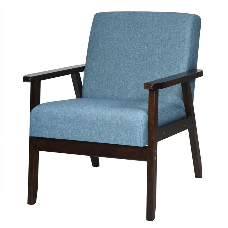 Sumyeg Solid Rubber Wood Fabric Accent Armchair-Blue Modern Blue Linen Accent Chair