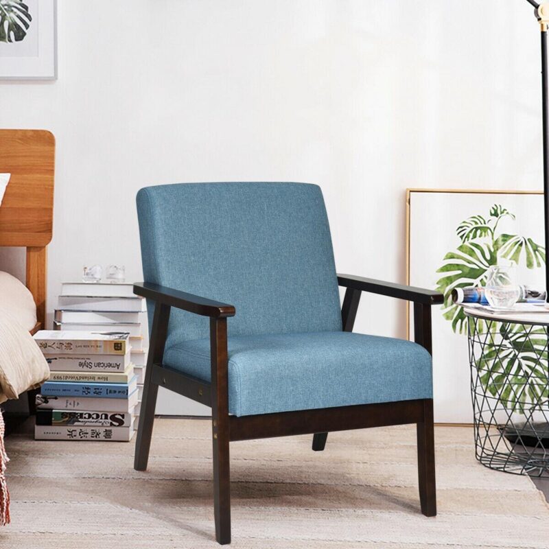 Sumyeg Solid Rubber Wood Fabric Accent Armchair-Blue Modern Blue Linen Accent Chair - Image 2