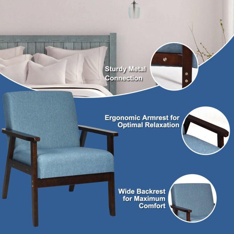 Sumyeg Solid Rubber Wood Fabric Accent Armchair-Blue Modern Blue Linen Accent Chair - Image 7