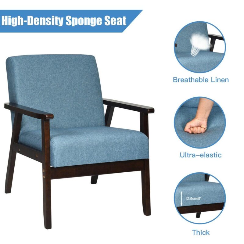 Sumyeg Solid Rubber Wood Fabric Accent Armchair-Blue Modern Blue Linen Accent Chair - Image 4