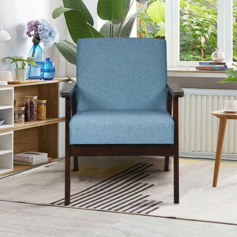 Sumyeg Solid Rubber Wood Fabric Accent Armchair-Blue Modern Blue Linen Accent Chair - Image 3