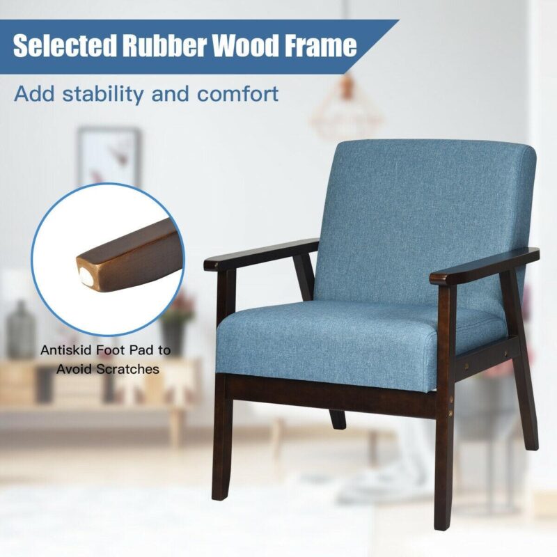 Sumyeg Solid Rubber Wood Fabric Accent Armchair-Blue Modern Blue Linen Accent Chair - Image 5