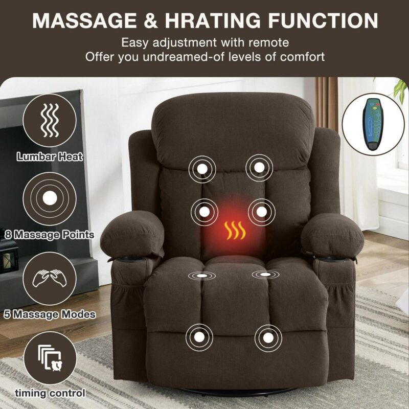 Sumyeg Swinging massage heated Recliner chair Brown Velvet Upholstered Swivel Massage chair - Image 5