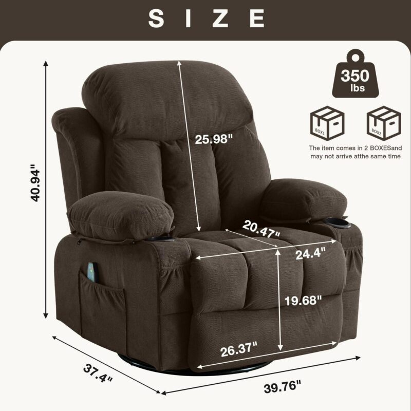 Sumyeg Swinging massage heated Recliner chair Brown Velvet Upholstered Swivel Massage chair - Image 4