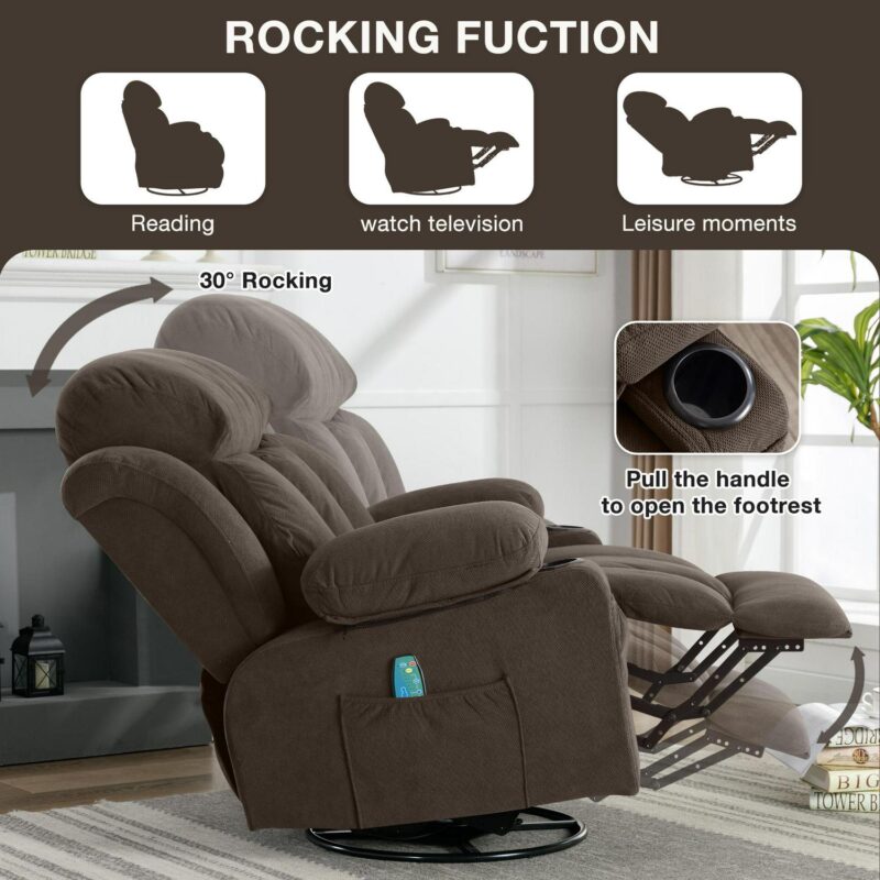 Sumyeg Swinging massage heated Recliner chair Brown Velvet Upholstered Swivel Massage chair - Image 7