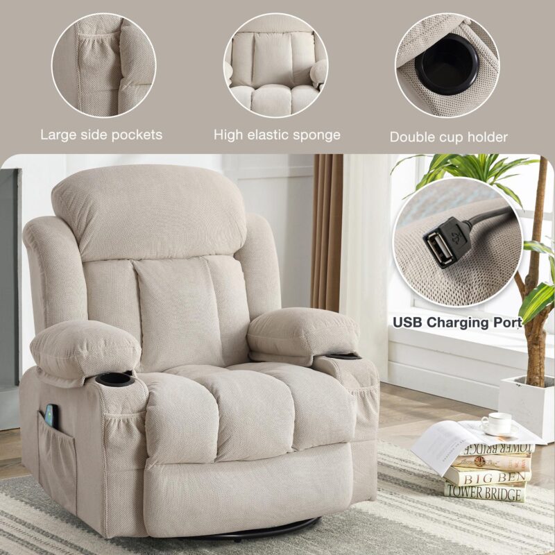 Sumyeg Swinging recliner massage heated sofa Beige Velvet Upholstered Swivel Massage chair - Image 3
