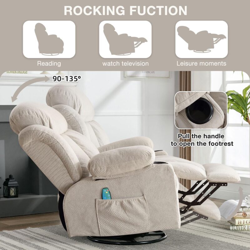 Sumyeg Swinging recliner massage heated sofa Beige Velvet Upholstered Swivel Massage chair - Image 4