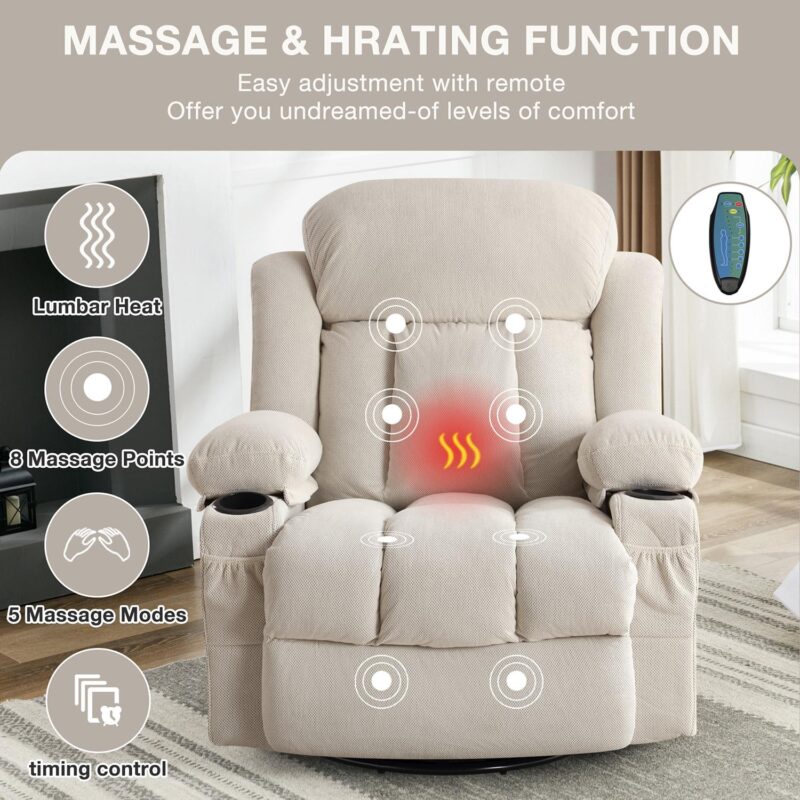 Sumyeg Swinging recliner massage heated sofa Beige Velvet Upholstered Swivel Massage chair - Image 2