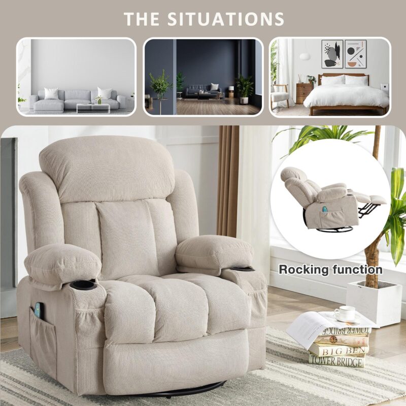 Sumyeg Swinging recliner massage heated sofa Beige Velvet Upholstered Swivel Massage chair - Image 7