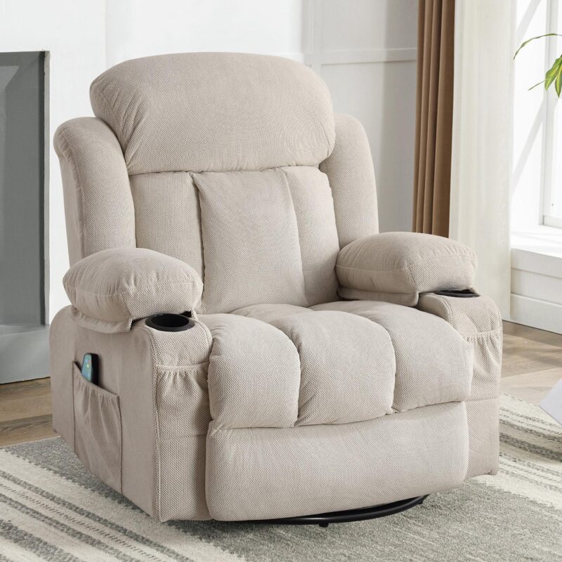 Sumyeg Swinging recliner massage heated sofa Beige Velvet Upholstered Swivel Massage chair