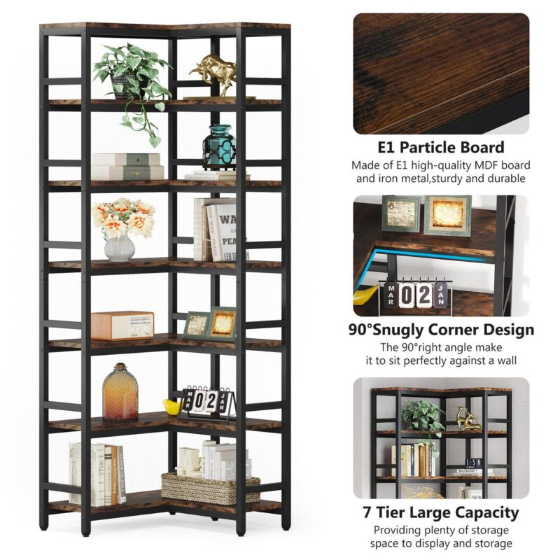 Tribesigns Brown/Black Metal 7 -Shelf Corner Bookcase ( 23.62-Inches W x 78.74-Inches H x 9.44-Inches D ) Painted - Image 7