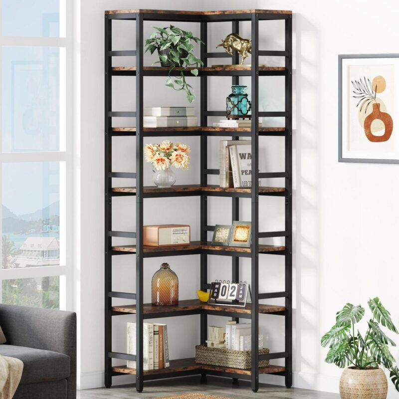 Tribesigns Brown/Black Metal 7 -Shelf Corner Bookcase ( 23.62-Inches W x 78.74-Inches H x 9.44-Inches D ) Painted - Image 3