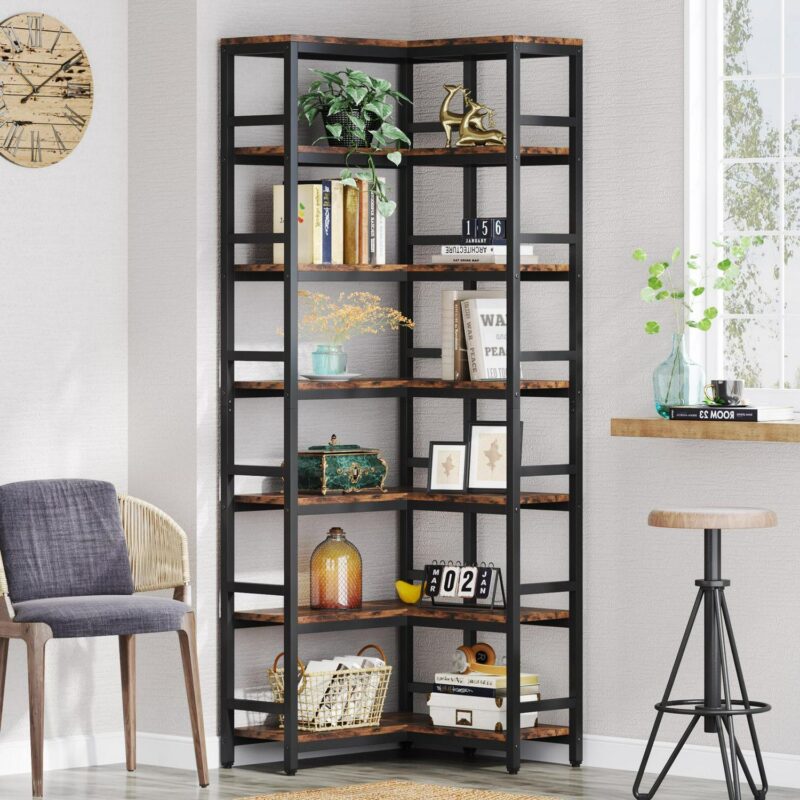 Tribesigns Brown/Black Metal 7 -Shelf Corner Bookcase ( 23.62-Inches W x 78.74-Inches H x 9.44-Inches D ) Painted - Image 4