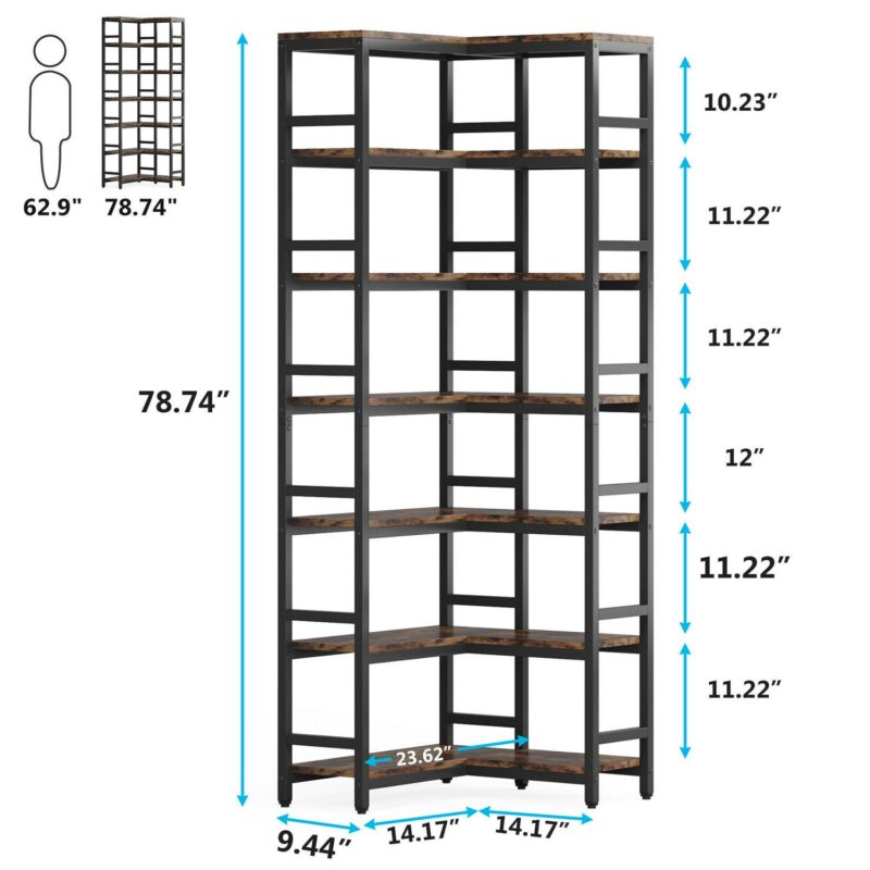 Tribesigns Brown/Black Metal 7 -Shelf Corner Bookcase ( 23.62-Inches W x 78.74-Inches H x 9.44-Inches D ) Painted - Image 8