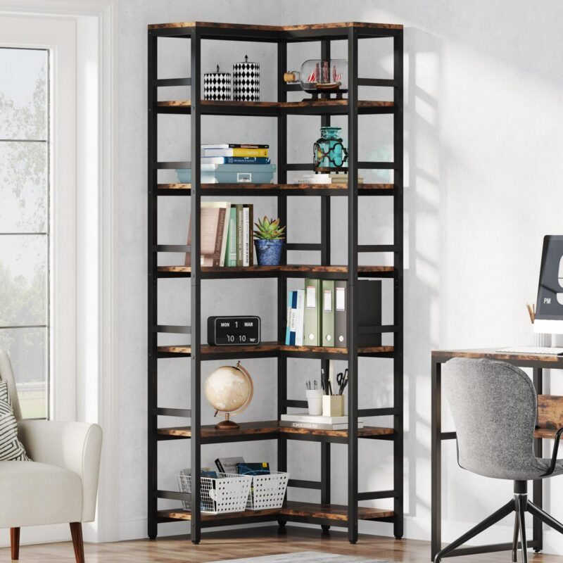 Tribesigns Brown/Black Metal 7 -Shelf Corner Bookcase ( 23.62-Inches W x 78.74-Inches H x 9.44-Inches D ) Painted - Image 6