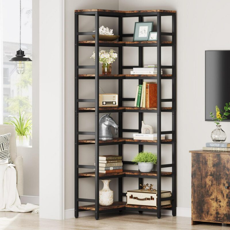 Tribesigns Brown/Black Metal 7 -Shelf Corner Bookcase ( 23.62-Inches W x 78.74-Inches H x 9.44-Inches D ) Painted - Image 5